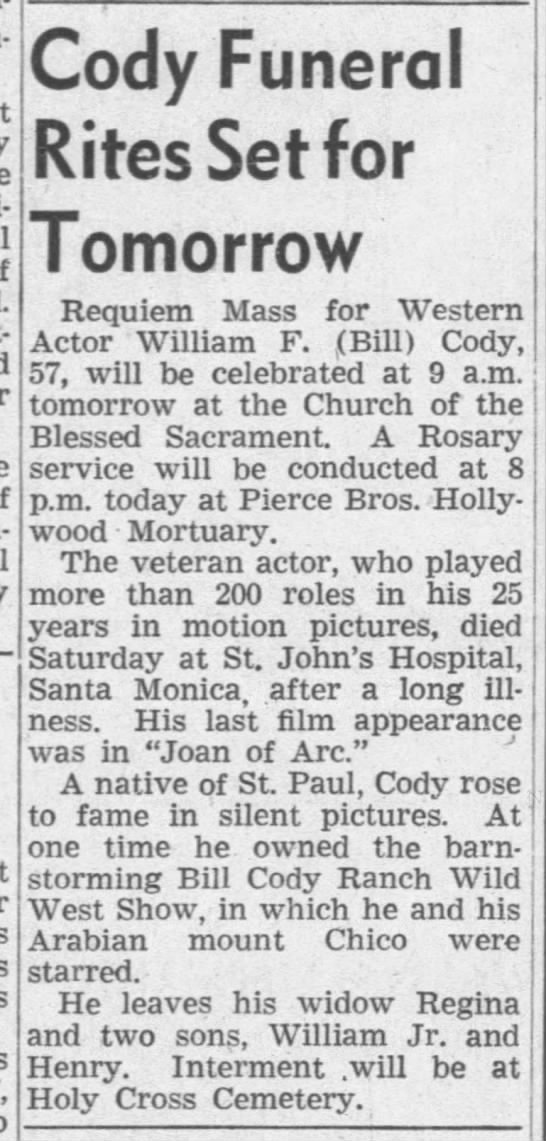 1948 funeral for western movie actor Bill Cody. - 
