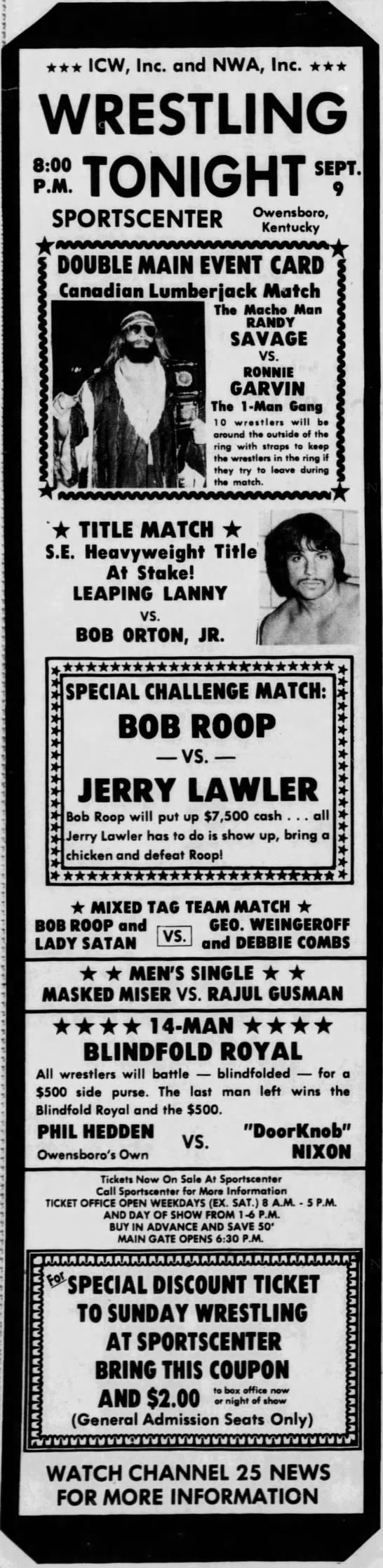 ICW "WRESTLING TONIGHT" ad with Lawler "challenge match" (Owensboro Messenger-Inquirer 9/9/1979) - 
