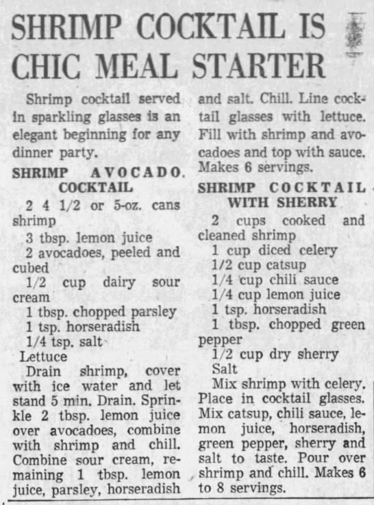 "Shrimp cocktail served in sparkling glasses is an elegant beginning for any dinner party" (1964) - 