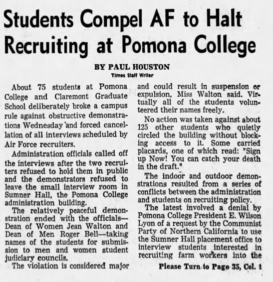 Students Compel Air Force to Halt Recruiting at Pomona College - 