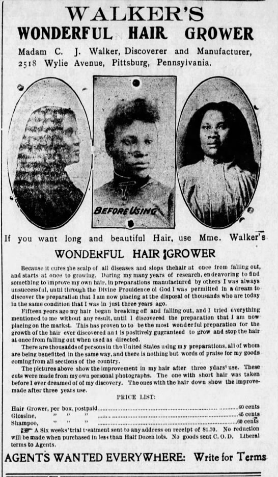 Ad with photos & prices for Madam C.J. Walker's Wonderful Hair Grower & other products, 1909 - 