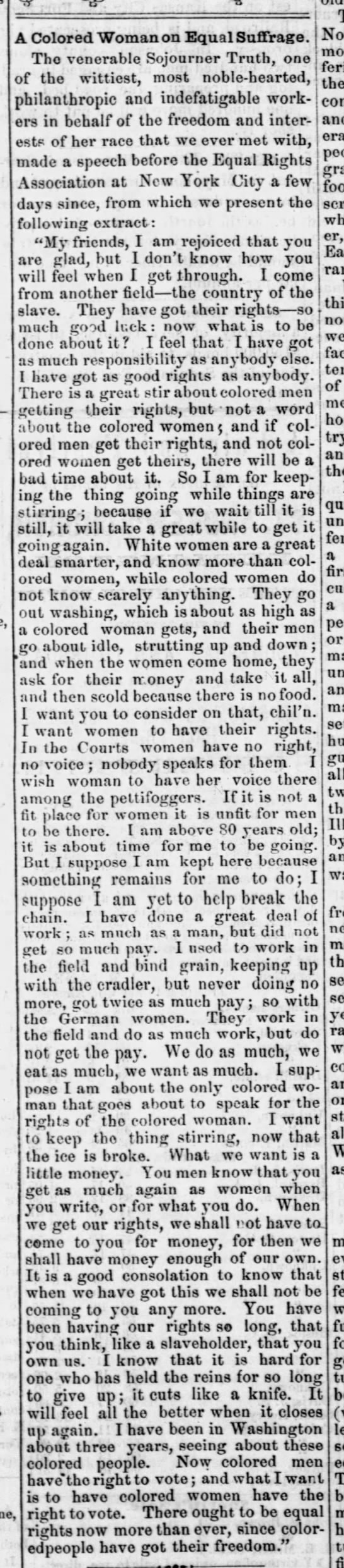 Sojourner Truth speaks at the Equal Rights Association in 1867 - 