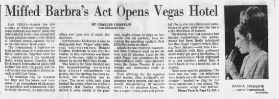Miffed Barbra's Act Opens Vegas Hotel - 