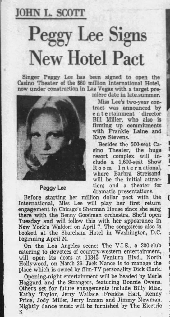 Peggy Lee Signs New Hotel Pact - 