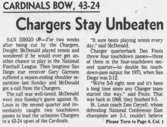 Chargers 43-24 Cardinals, 27 Sep 1976 - 