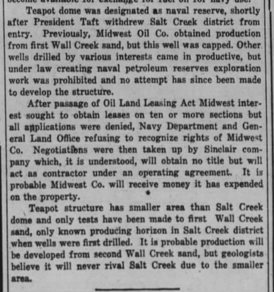 Newspaper article giving history of development of oil reserves at Teapot Dome prior to the scandal - 
