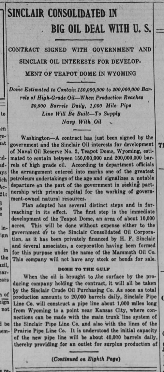 Wall Street Journal reports on Sinclair Oil being given government contract to develop Teapot Dome - 