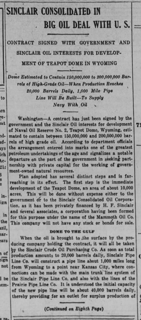 Wall Street Journal article that broke the news of the Teapot Dome Scandal - 