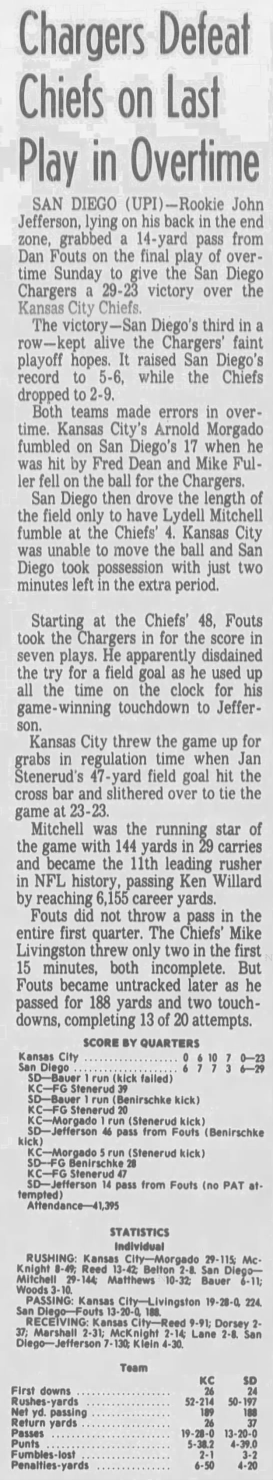 Chargers 29-23 Chiefs, 13 Nov 1978 - 