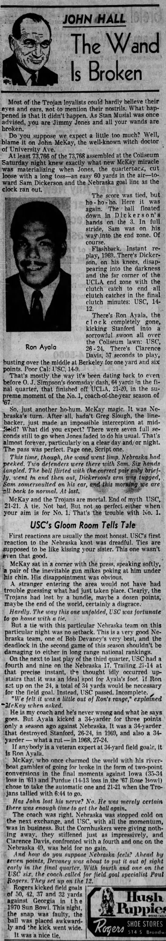 1970 USC-Nebraska column, John Hall, Los Angeles Times - 
