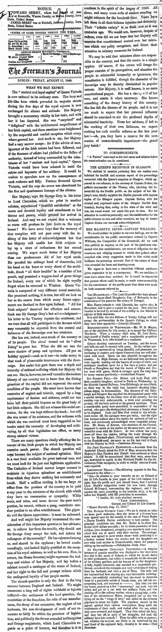 Editorial in Irish newspaper about Queen Victoria's visit to Ireland in 1849 - 
