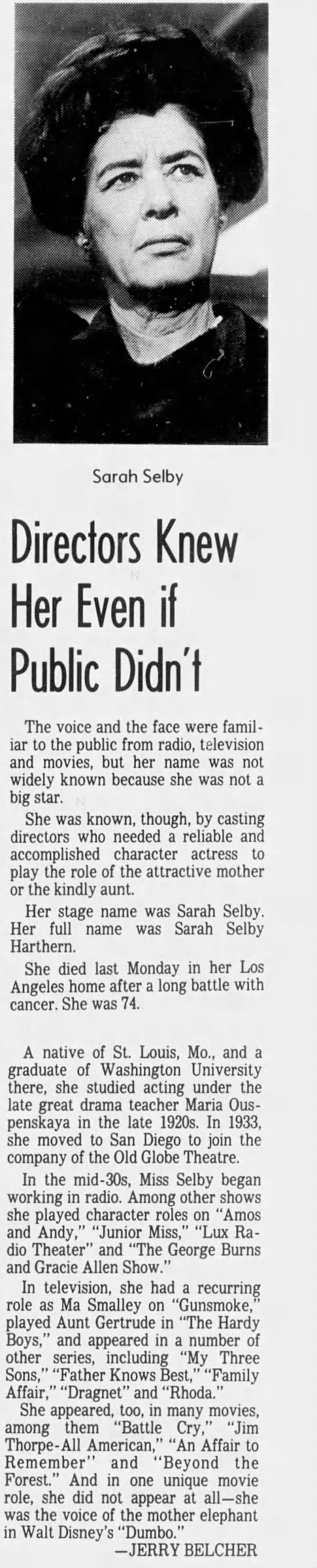 Sarah Selby: Directors Knew Her Even If Public Didn't. - 