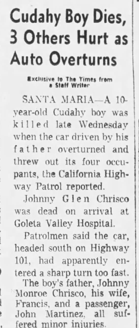 Johnny Glen Chrisco killed in accident - 