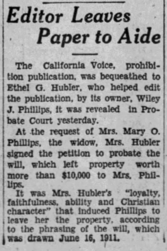 Editor Wiley Phillips leaves paper to Ethel Hubler - 