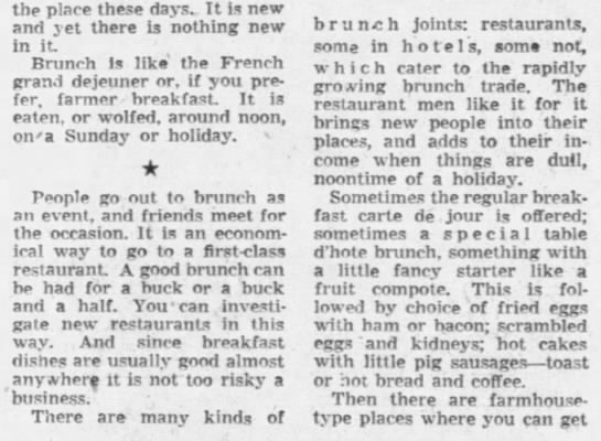 Columnist remarks on the "rapidly growing brunch trade" in restaurants (1950) - 