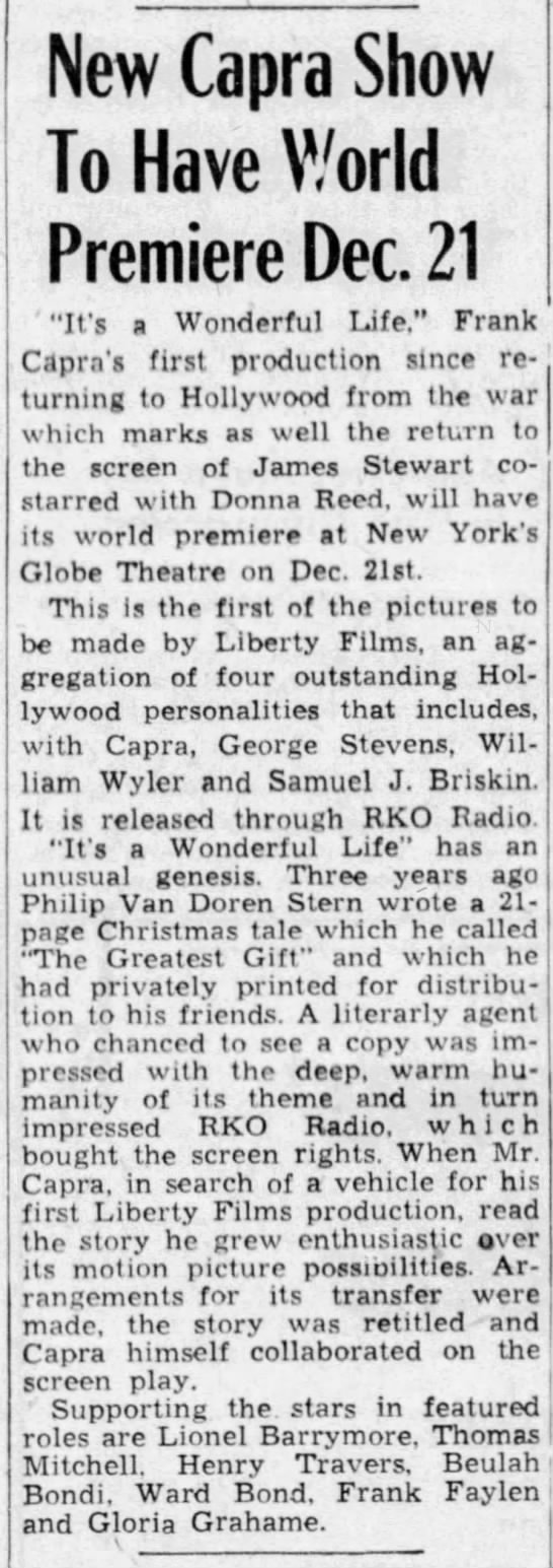 "It's a Wonderful Life" Premieres December 21, 1946 - 