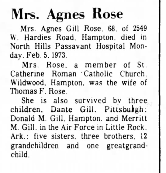 Agnes Gill, Agnes Rose, obituary, 1973 - 
