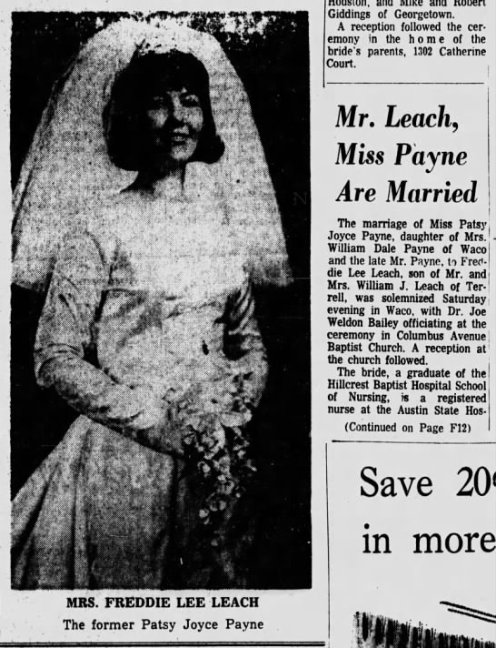 Patsy Joyce Payne and Freddie Lee Leach Wedding Austin, Texas 14 Feb 1965