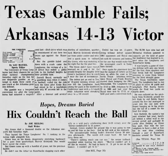 Texas Gamble Fails; Arkansas 14-13 Victor - 