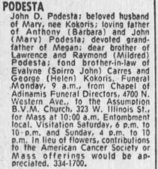 Obituary for John D. PODESTA - 