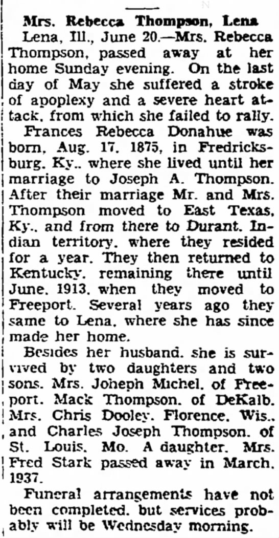 Donohoo Thompson, Frances Rebecca, daughter of Charles Donohoo, obituary 1938 - 