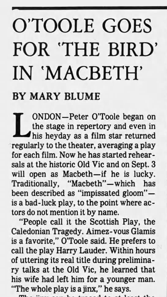"The Scottish Play," "Harry Lauder"--names for "Macbeth" (1980). - 