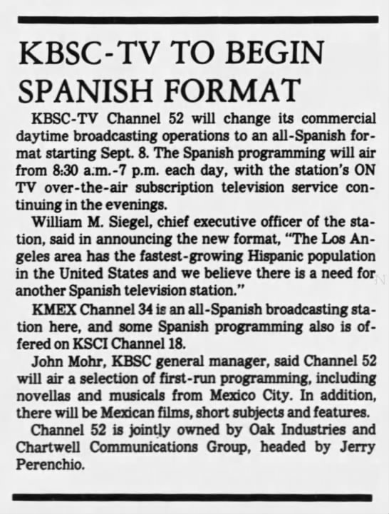 KBSC-TV To Begin Spanish Format - 