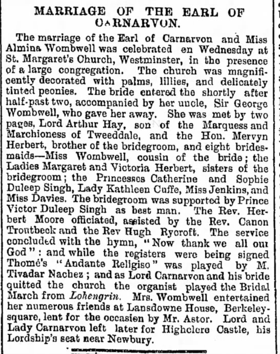 Earl of Carnarvon marries Almina Wombwell, 26 June 1895 - 