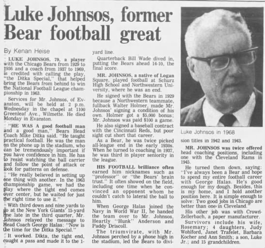 Luke Johnsos, former Bear football great - 