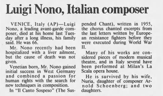 Obituary for Luigi Nono (Aged 66) - 