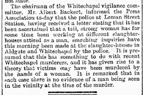 Theory that Jack the Ripper (Whitechapel Murderer) is actually a woman, Sep 1889 - 