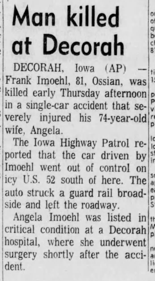 Frank Imoehl Car Accident and Death. - 
