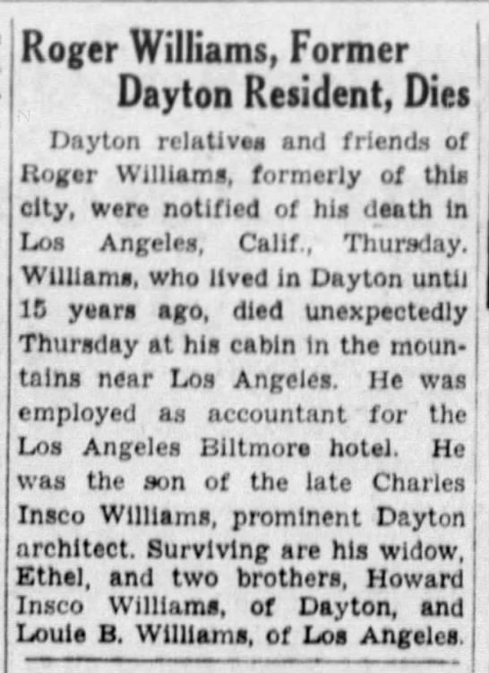 Death notice for Roger Williams, Los Angeles Biltmore Hotel accountant. - 