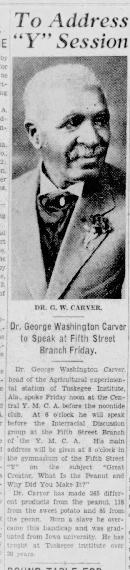 George Washington Carver to speak about peanuts at YMCA in 1932 - 