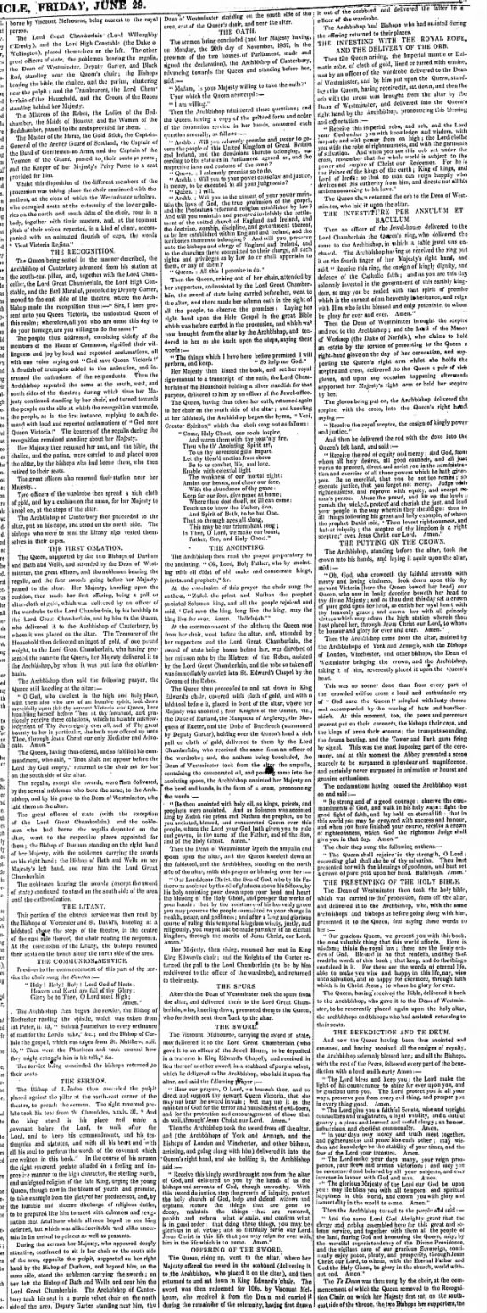 Newspaper account giving details of Queen Victoria's coronation in 1838 - 