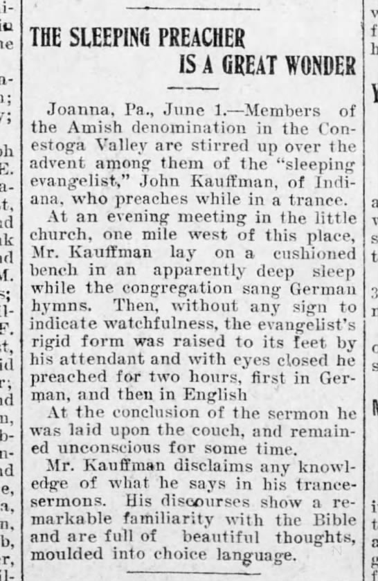 The Amish Sleeping Preacher is a great wonder - John Kauffman - the Sleeping Preacher - Jun, 1904 - 