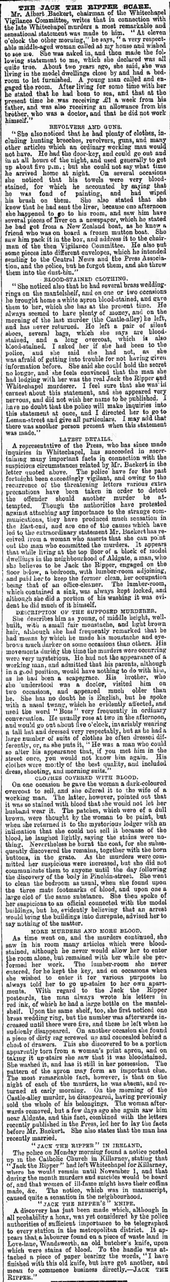 Woman gives evidence that man who rented a room from her was actually Jack the Ripper, 1890 - 