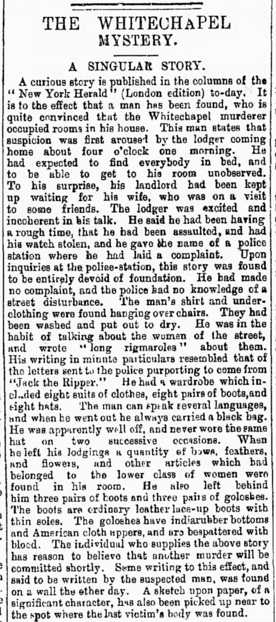 Landlord believes his boarder was Jack the Ripper; gives evidence, Sept 1889 - 