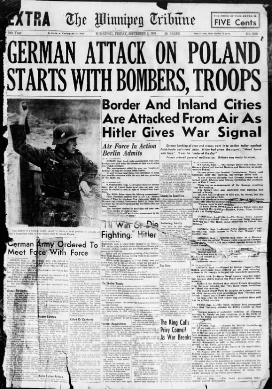 Canadian newspaper coverage of the first day of Germany's invasion of Poland in 1939 - 