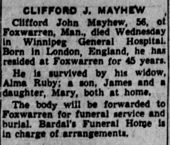 Obituary: Clifford John MAYHEW (Aged 56) - 