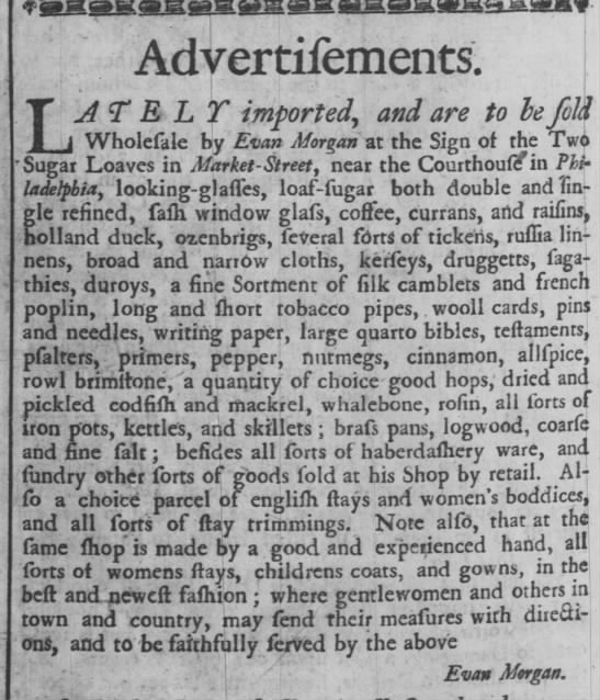 1734 advertisement listing nutmeg, cinnamon, and allspice for sale - 