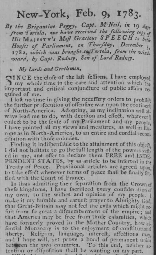 Report of George III's speech to Parliament 5 Dec 1782 - 