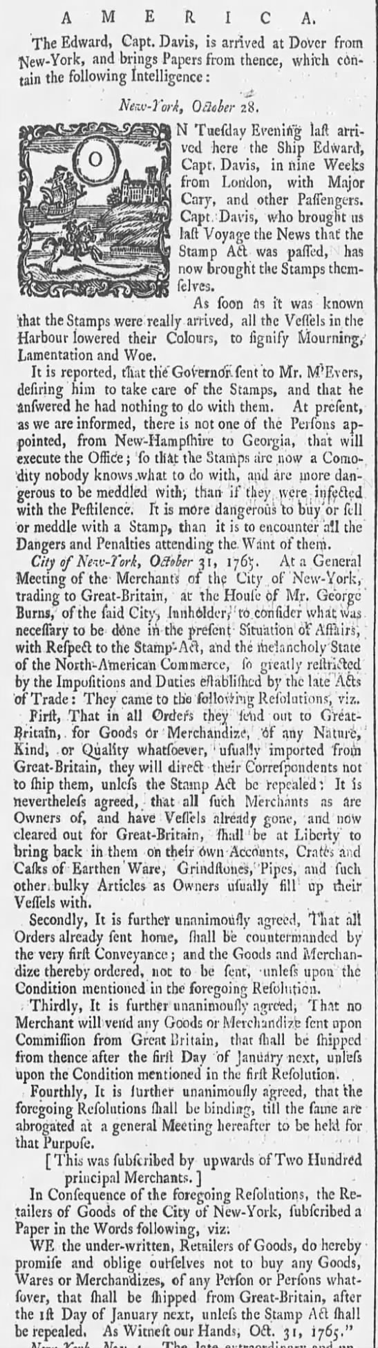 New York merchants react to the passing of the Stamp Act - 