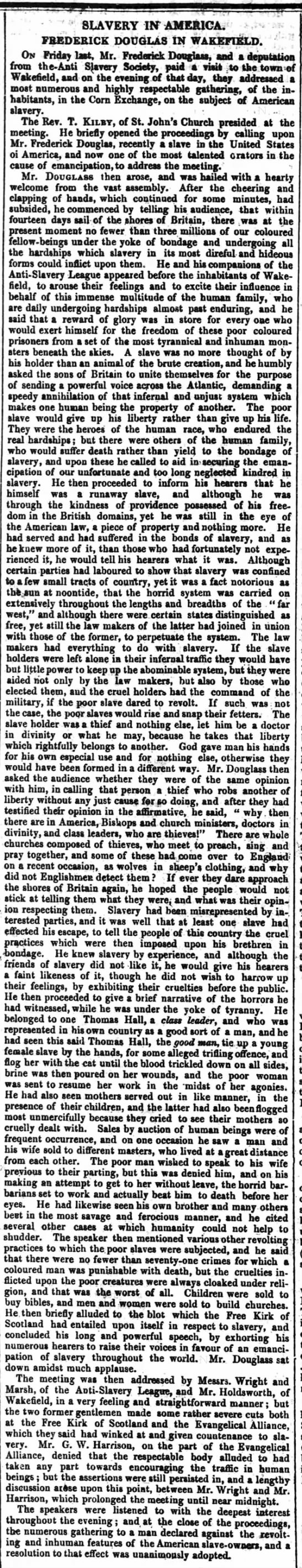 Summary of an anti-slavery speech given by Frederick Douglass in England in 1847 - 