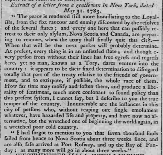 Excerpt from letter discusses situation of Loyalists in New York at end of American Revolution - 