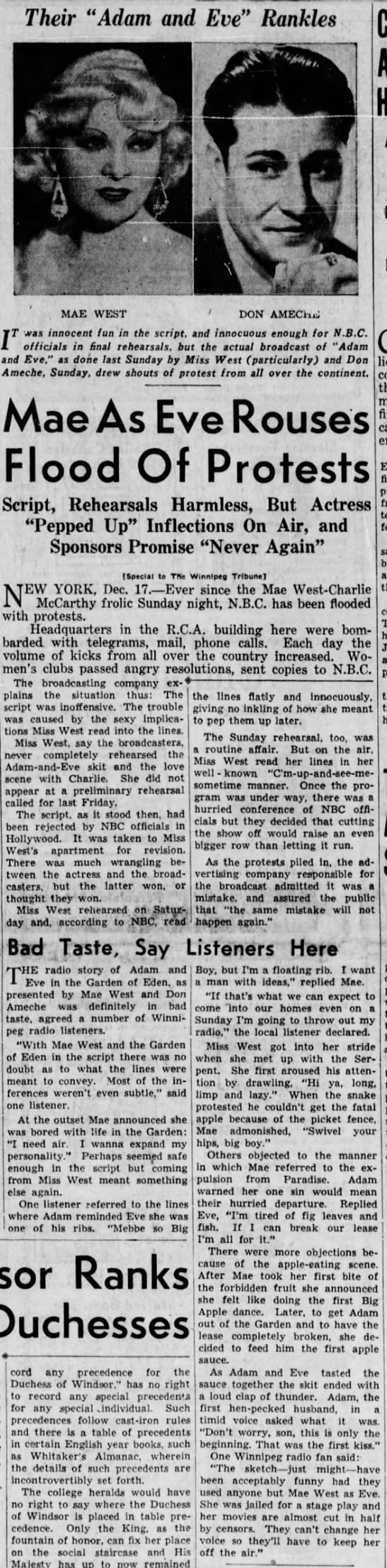 Mae West's "Big Apple" 1937 radio skit causes uproar. - 