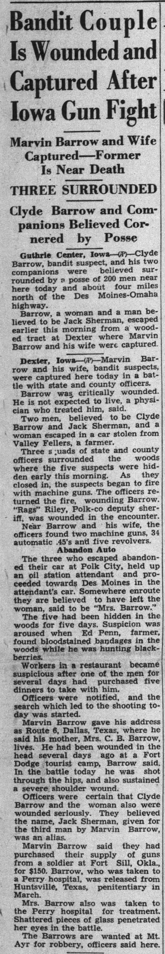 Clyde Barrow and companions cornered by posse in Iowa in July 1933 - 