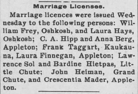 Marriage Licenses: Frank Taggart, Laura Finnegan