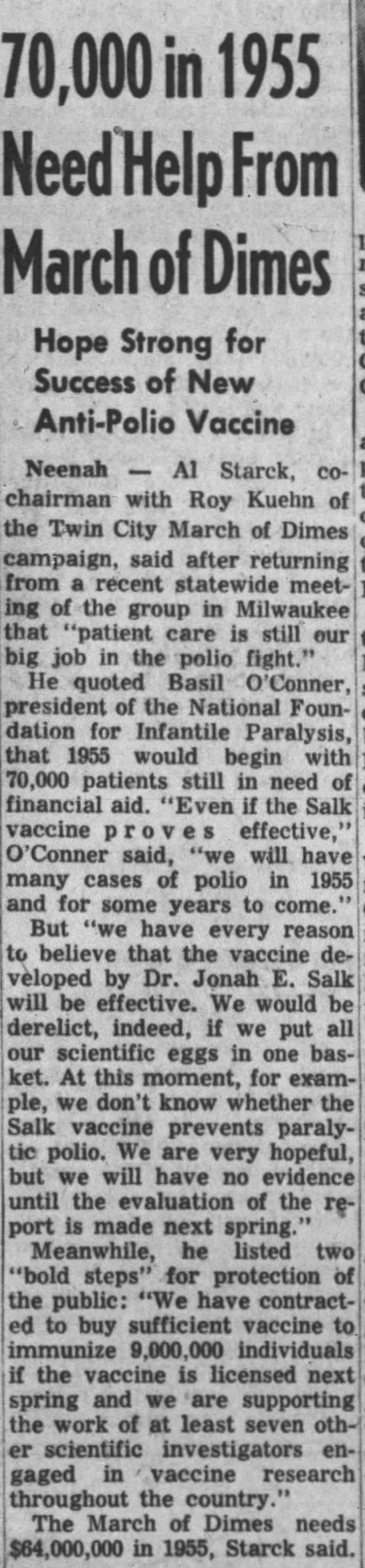 70,000 in 1955 Need Help From March of Dimes. 12.31.1954. The Post-Crescent - 