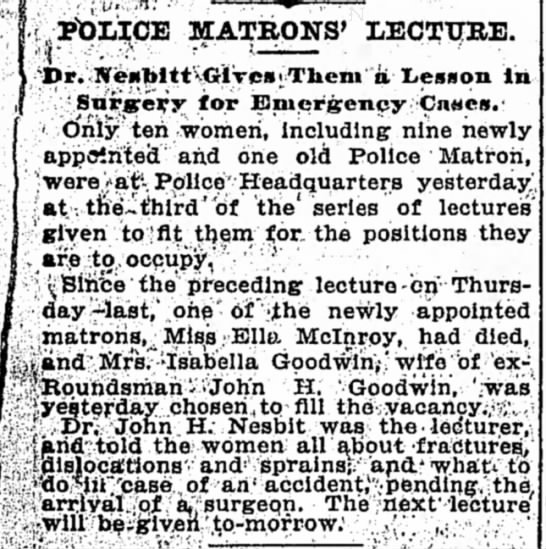 Isabella Goodwin is appointed to be a police matron, 1896 - 